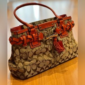 Coach Hampton Orange/Coral Leather Trim Handbag